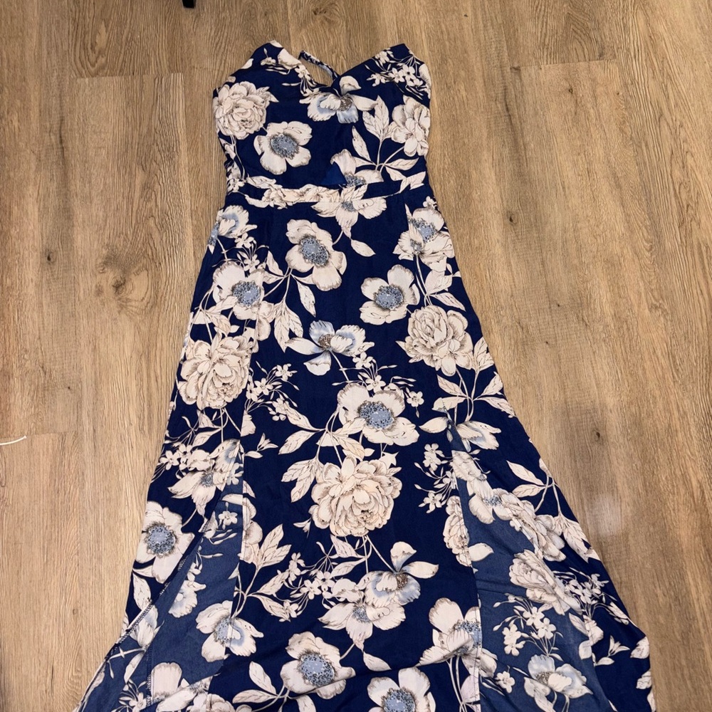 Floral Blue and White Strapless Dress